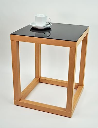 freeroom24, Beistelltisch, Couchtisch, Blumensäule, Dekosäule, Cube, Gestell Buche, Glas Schwarz, Verschiedene Größen (60 x 60 x Höhe 50cm)