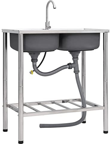 Homgoday Lavello da campeggio doppio lavabo con rubinetto in acciaio inossidabile, lavabo da appoggio, lavello per lavabo per lavabo da bagno, lavandino da bagno per piccolo guardaroba bagno 1179