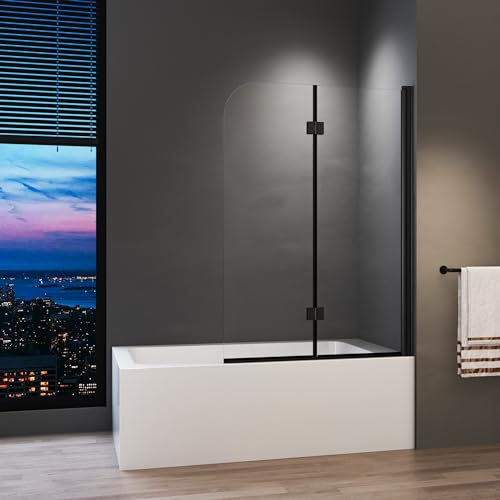 Duschwand für Badewanne 100 x 140 cm Schwarz 2-teilig faltbar Duschwand Duschabtrennung mit 6mm Nano Glas