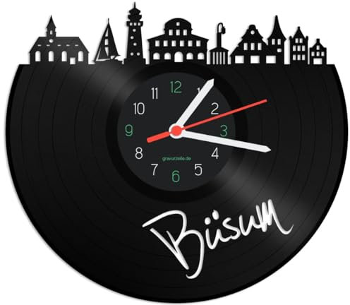 GRAVURZEILE Schallplattenuhr - Skyline Büsum - Wanduhr aus gegossenem Vinyl mit Stadt Skyline - 30 cm - Upcycling Designer Uhr - Moderne Wanduhr im Retro Vintage Style - Made in Germany