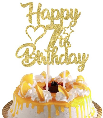SYKYCTCY 1 Pack Happy 7th Birthday Cake Topper Glitter Heart Star 7 Fabulous Cake Pick for 7th Birthday Theme Party Supplies Gold