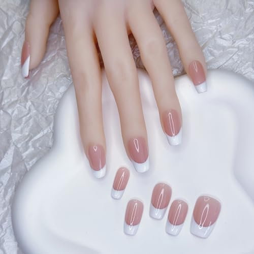 MeetRade Pure Handmade Nude Pink & White French Reusable Salon-Quality High-Gloss Press-On Nails 10pcs Gift Box Packaging (Q124 M)
