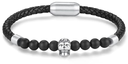 COAI Herren Schwarz Totenkopf Armband aus echtem Leder mit Onyx Perlen L