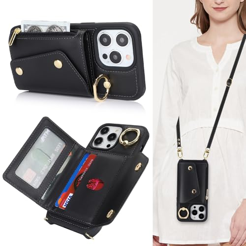 Lipvina Cover per iPhone 15 Pro Max con cordino Porta Carte Custodia iPhone 15 Pro Max con cerniera cordino Ring portafoglio donna - Nero
