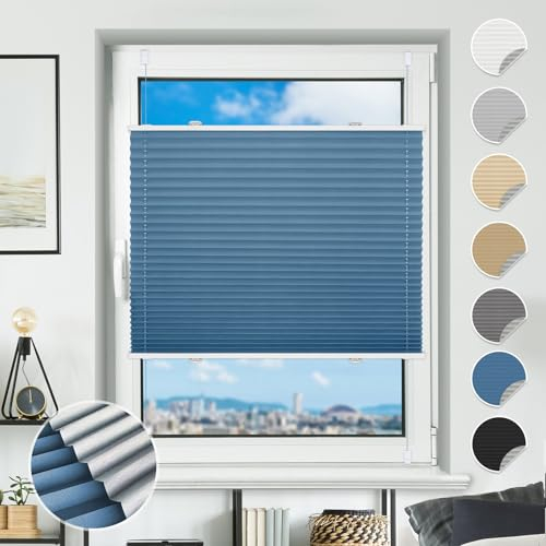 Plissee ohne Bohren Verdunkelung Plissees Klemmfix 60x110cm(BxH) Blau 100% Blickdicht Verdunklungsplissee Fensterrollo innen ohne Bohren Aluminium Rollos für Fenster & Tür