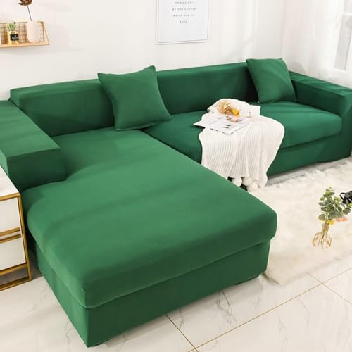 Bishilin Sofaüberwurf L Form 190-230CM+235-300CM Dunkelgrün, Sofabezug Stretch 3 Sitzer + 4 Sitzer Modern Einfarbig Couchbezug Eckcouch Universal