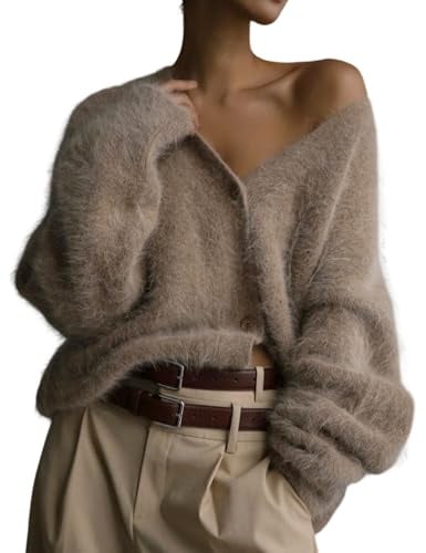 Arssm Womens Fuzzy Cardigan Sweater V Neck Sweaters Fluffy Top(Khaki-S)