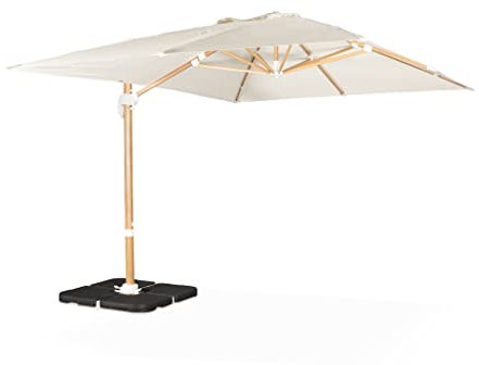 Alice's Garden - Parasol déporté rectangulaire écru 3x4m. mât effet bois + Dalles à lester 50x50cm