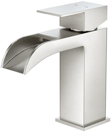 Faustina Waschtischarmatur Bad für Waschbecken eckig Wasserfall, Einhebelmischer Waschtisch Armatur Wasserhahn Bad Waschbeckenarmatur Badarmatur, Edstahl gebürstet