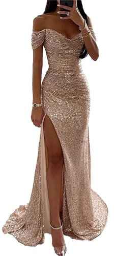 OULIWANGLUO Damen Schulterfrei Pailletten Lange Abendkleid Sexy Elegant Hochzeit Cocktailkleid Lang Hochzeitsgäste Partykleid Maxi Kleider (Hellrosa,M)