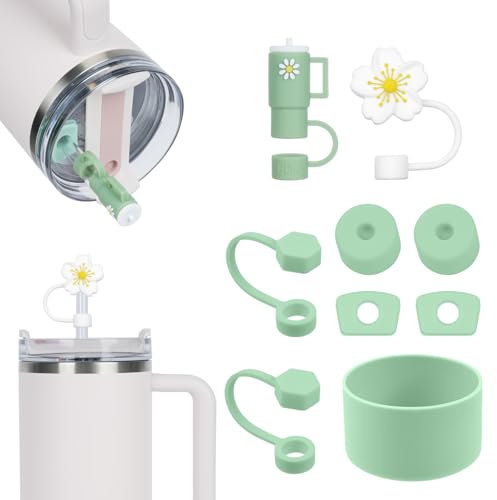 AUAUY Accessories for Stanley Cup: 2PCS 9-10mm Straw Cover Cap, 6PCS Silicone Spill Proof Stopper, 1PCS Silicone Boot for 40Oz&30Oz Decoration (Cup Not Including, Green)
