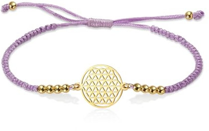 VASSAGO Pulsera de flor de la vida para mujer, ajustable, hecha a mano, trenzada, estilo geométrico, hueco, cuerda colorida con cuentas, talla única, Acero inoxidable, No es una piedra preciosa