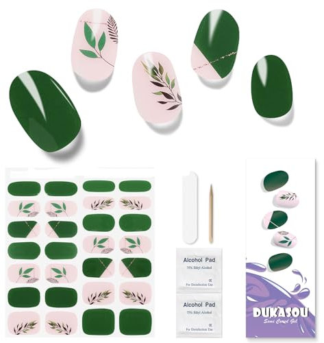 Semi Cured Gel Strips, 28 pcs Work with Any UV Lamp, Long Lasting Stickers Full Wraps, Salon Quality, Easy to Apply (Leaves Green)