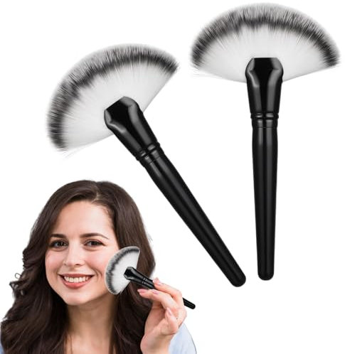 JIYIN 2 Pcs Facial Fan Brush, Fluffy Fan Makeup Brush Soft Finishing Powder Brush Highlighting Make Up Brush Fan Face and Body Applicator Brushes for Loose Powder Highlighting Blush (White Bristles)