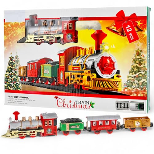 MIJOMA Weihnachtszug 12-teilig: Nostalgische Weihnachtseisenbahn mit Licht & Sound, inkl. Schienen, Tannen & Waggons - Ideal für Weihnachtsdeko & leuchtende Kinderaugen