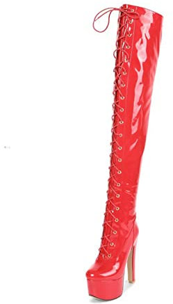 Stivali Moda da Donna Stivali Elasticizzati in Pelle Verniciata con Tacco Ultra Alto 15 cm Stivali da Discoteca con Lacci Stivali sopra Il Ginocchio Stivali da Cavallo