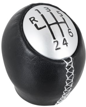 M MODECAR - Compatible con pomo palanca de cambios Renault Laguna II 6 MARCHAS PIEL NEGRA + PLATA para 8200050527,