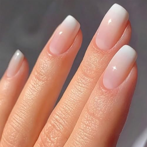 Short Square Press on Nails - French Tip False Nails Pattern - 24PCS Gradient White Pink Fake Nails with Glue - Reusable Glossy Full Cover Stick on Nail for Women Girls