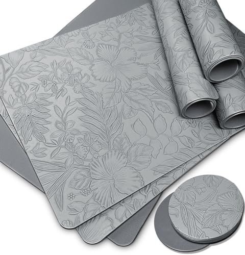 Table Mats set of 6, Wipe Clean Leather Floral Place Mats for table, Waterproof-Heat-Resistant-Non-Slip Washable Table Placemats and Coaster sets 6,Dining-Outdoor-Large Placemats for Garden-Grey