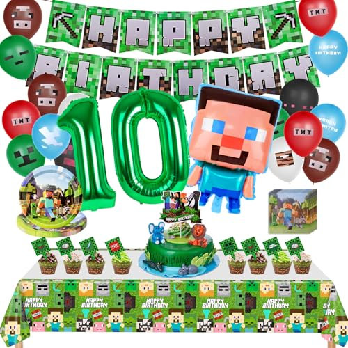 107Pcs Píxel Juego de Decoraciones para Fiesta de Cumpleaños, Fiesta De Cumpleaños Suministros Set con Pancarta, Platos Servilletas Mantel Globo, Adornos cumpleaños Niño, 10 Años
