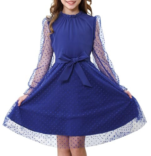 Rolanko Girl's Puff Long Sleeve Dress, High Waist with Belt A Line Ruffled Collar Contrast Mesh Princess Party Tulle Dresses, Navy, 11-12 Years, 160