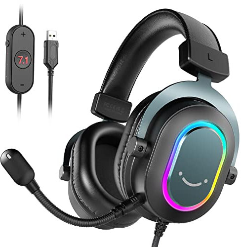 FIFINE Gaming Headset mit Mikrofon, Over Ear Kopfhörer mit Kabel, USB Headset für PC PS4 PS5, RGB Headphone mit 3 EQ-Modi, Surround Sound und Ohrpolster