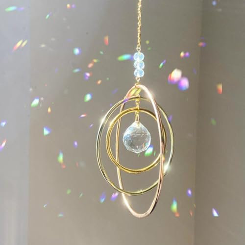 Atrapasoles de Cristal para Ventanas,Atrapasoles Arcoíris con Prismas de Vidrio,Decoración Colgante para Ventanas con Efectos de Luz Mágicos y 3 Anillos de Latón,Cristales para Salón,Balcón y Jardín