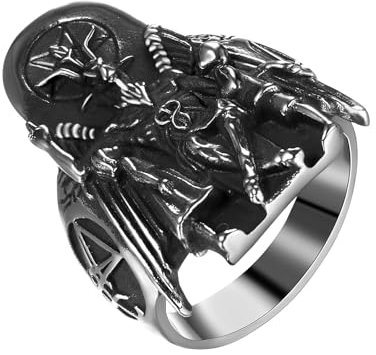 JewelryWe Satanische Ziege Ring Herren: Gothic Edelstahl Herren-Ring Baphomet Ziegenkopf Engelsflügel Siegelring Fingerring Luzifer Okkulter Schutzamulett Satan Teufel Schmuck Silber Männer Größe 57