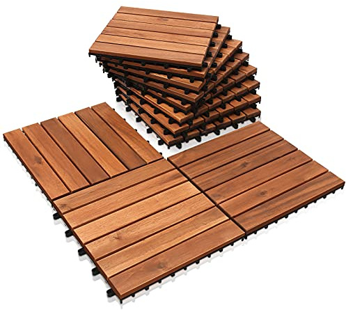 ISOISL Lot de 110 dalles de balcon en bois d'acacia - 30 x 30 cm - 10 m² - Revêtement de sol de balcon (6 lattes) - Sol de terrasse extérieur - Carreaux à clipser - Mosaïque pour jardin, patio