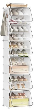 eSituro Schuhboxen, 12er Set, Schuhorganizer Schuhkarton stapelbar, Schuhregal Kunststoff, mit Haken, Tür, Schuhaufbewahrung platzsparend, Weiß