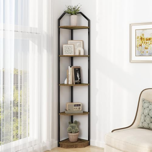 70 Corner Shelf Stand, 5 Tier Corner Shelf, Tall Bookshelf for Living Room, Kitchen, Home Office, Bedroom Shelves Storage, Corner Plant Stand & Display Bookcase, Brown