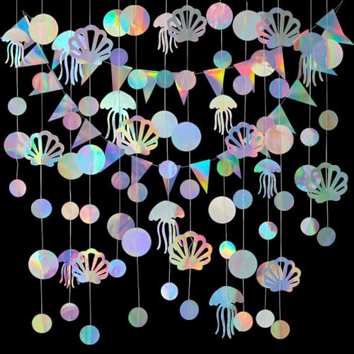 Lvjkes Guirlande Papier holografische Illusion, Krone aus Quallen und Muscheln, dreieckige Flaggengirlande, für Party, Hochzeit, Geburtstag, 3 Stück
