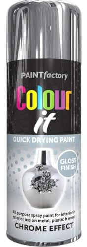 PF All Purpose Gloss Chrome Effect Spray Paint 400ML - Quick Drying Silver Finish For Metal, Wood, Plastic
