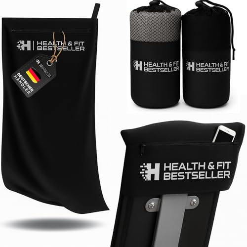 Health & FIT Premium Fitness Handtuch mit Reißverschlusstasche – Mikrofaser Sporthandtuch, schnelltrocknend & kompakt, ideal fürs Gym & Training (Schwarz)