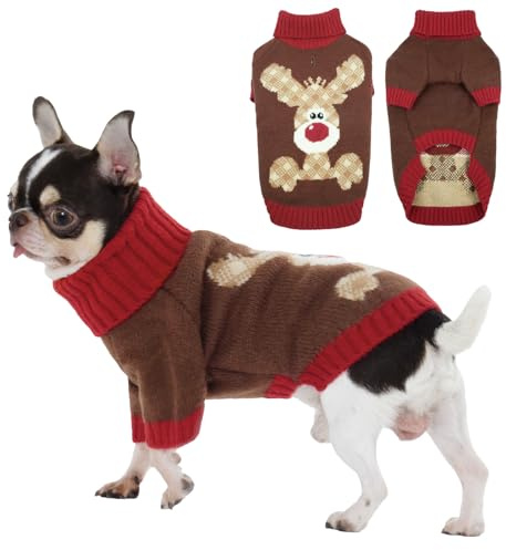 Hjumarayan Hundepullover Weihnachten, Pullover Rentier mit Geschirr Öffnung Warme Rollkragen Hundepulli für Pomeranian, Yorkshire Terrier, Toy Pudel, Braun S