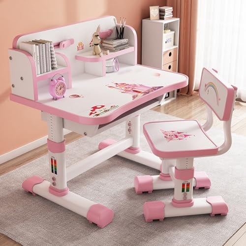 Napacoh Kinderschreibtisch Höhenverstellbar, Tisch und Stuhl Set mit Schublade Kinderzimmer Möbel Mädchen Junge, Chreibtisch und Stuhl Set Cartoon-Muster für Alter 3-12 Jahre (Rosa, B)