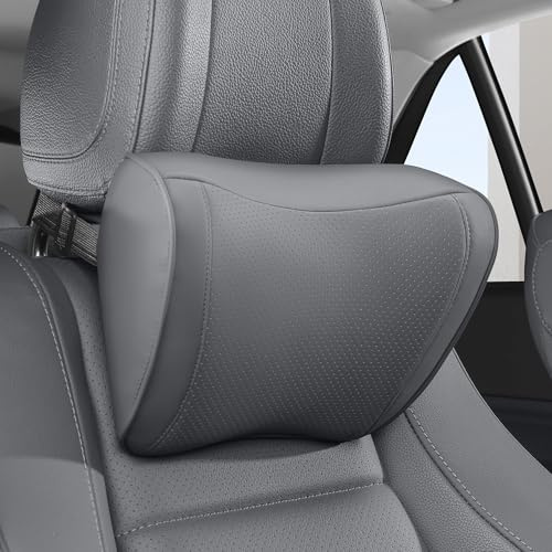 Dapucarin Cojín Reposacabezas Coche, Almohada Cuero, 100% Espuma de Memoria, Suavidad Soporte Cervical, Cojín Cervical Cuello para Asiento con Cubierta Extraíble Transpirable, Gris, 1 Unidad