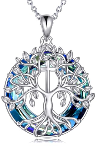YFN Tree of Life Necklace Sterling Silver Cross Pendant Blue Crystal Jewellery Gift for Women Mother