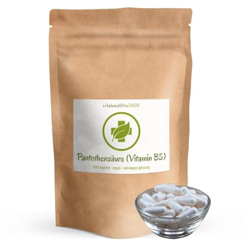 vitalundfitmit100 Vitamin B5 (Pantothensäure) – 200 Kapseln – Hochdosiert – Vegan