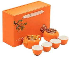 Traditional Chinese Ceramic Tea Set, Orange Persimmon Design, 1 Teapot with 4 Cups, Portable Kung Fu Tea Ceremony Set with Decorative Gift Box