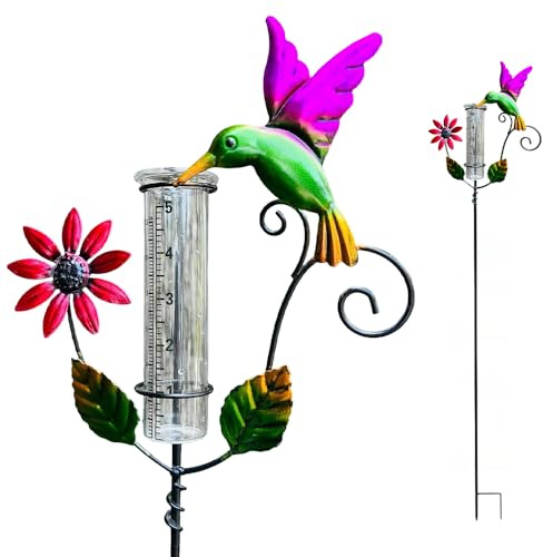 Jonuin Regenmesser für Garten, Outdoor Regenmesser Glas Regenwassermesser, Niederschlagsmesser, Wetterfester Metall Regenmesser mit Kolibri & Blumen Design für Rasen, Blumenbeete, Terrasse, Garten