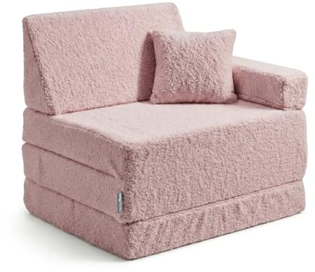 KiddyMoon Kindersessel Für Kinder Mit Kissen, Teddy-Plüsch, Aufklappen Sessel Für Kinderzimmer Stuhl Faltmatratze, Rosa,Kindersofa Mit Kissen