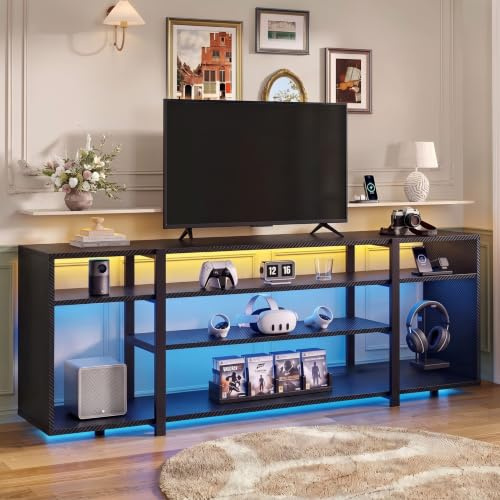 Blisswood LED TV Unit, Gaming TV Stand Cabinet with RGB Lights for TV up to 65 Inch, 7 Open Storage Shelves, Carbon Fiber Black Media Console Cabinet, 140cm Industrial Metal Frame Unit for Living Room