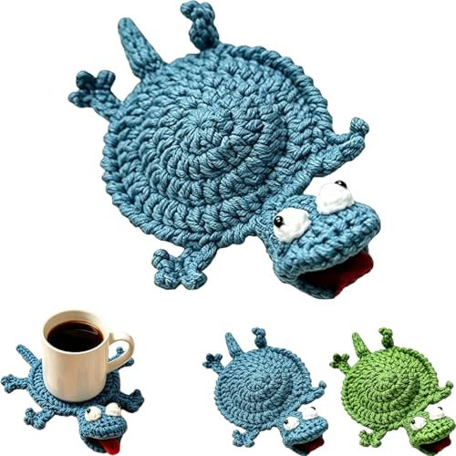 Gehäkelte Eidechsen-Untersetzer,Crochet Lizard Coaster, Fun Little Lizard Coasters,Süße 3D DIY Handgefertigte Amigurumi-Tier-Untersetzer für Anfänger & Erwachsene (Blau-Fertiggestellt)