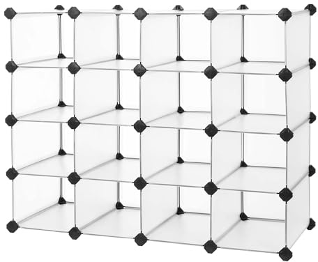 SONGMICS Schuhregal mit 16 Würfeln, ineinandergreifender Kunststoff-Schuh-Organizer, DIY-Aufbewahrungsschrank für Schrank, Eingang, Schlafzimmer, Garage, platzsparendes Design, 30,5 x 89,9 x 69,8 cm,