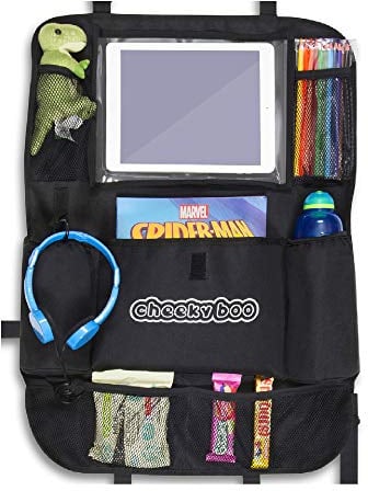 CheekyBoo - Child's Large Car Backseat Organiser with 10.1 Touch Screen iPad/Tablet Holder for Kids and Toddlers. Black Car Storage and Seat Protector. Fits All Cars