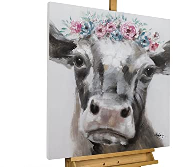 KunstLoft Leinwandbild | 100% HANDGEMALT | 80x80cm | Gemälde 'Love, Peace & Muh' | Kuh | Braun | Wandbild Wohnzimmer