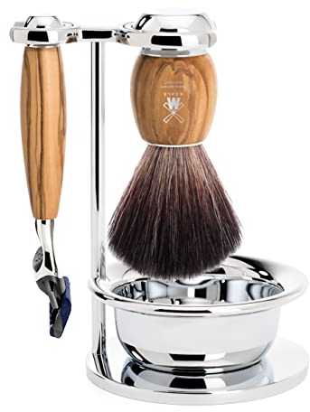 MÜHLE Vivo Rasierset kompatibel mit Gillette-Klingen, Pinsel Black Fibre, Halterung mit Schale, Olivenholz-Griffe - vegan