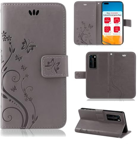 betterfon Hülle Kompatibel mit Huawei P40 Pro | Premium PU Leder Handyhülle Wallet Case für P40 Pro | Schutzhülle Blumen Klapphülle Handyhülle | Grau