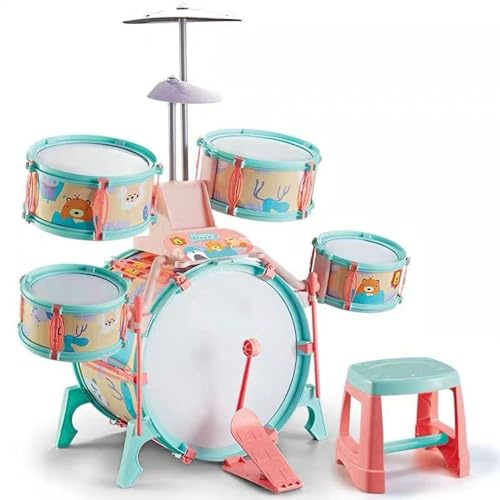 The Magic Toy Shop Kids Drum Kit - Pink & Blue Junior Jazz Percussion Set with Music Cards & Phone Holder, 5 Drums, 1 Cymbal, Stool - Educational Kids Musical Instruments for Beginners, 3+